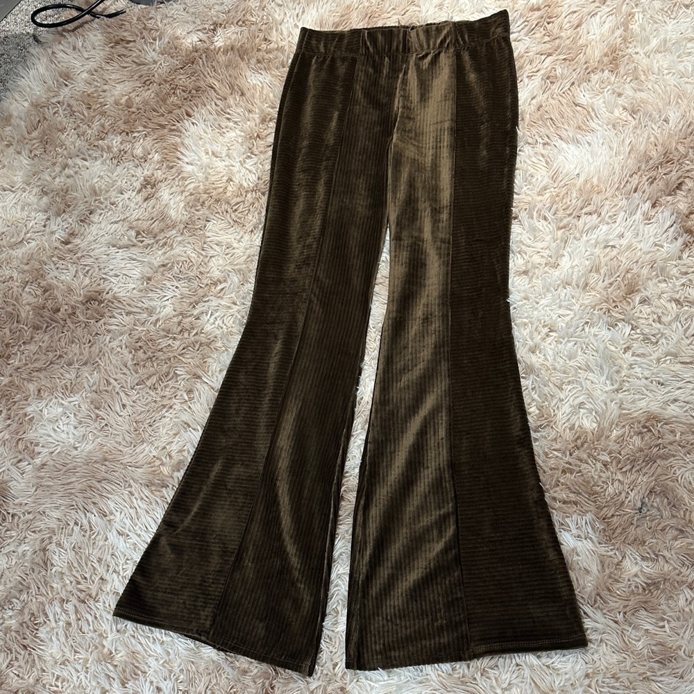 Brown Flared Corduroy-Look Stretchy Pants